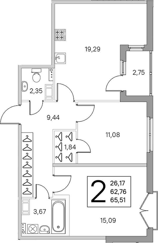 2-комнатная квартира 64.14 м², 3/4 эт., ЖК «Любоград в Стрельне»